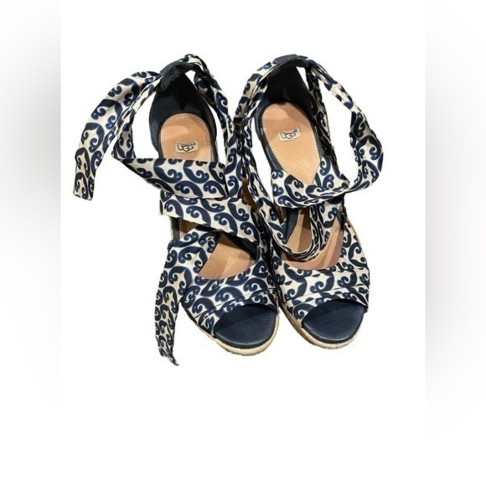 UGG Navy and Cream Printed Espadrille Wedges with Ankle Wraps